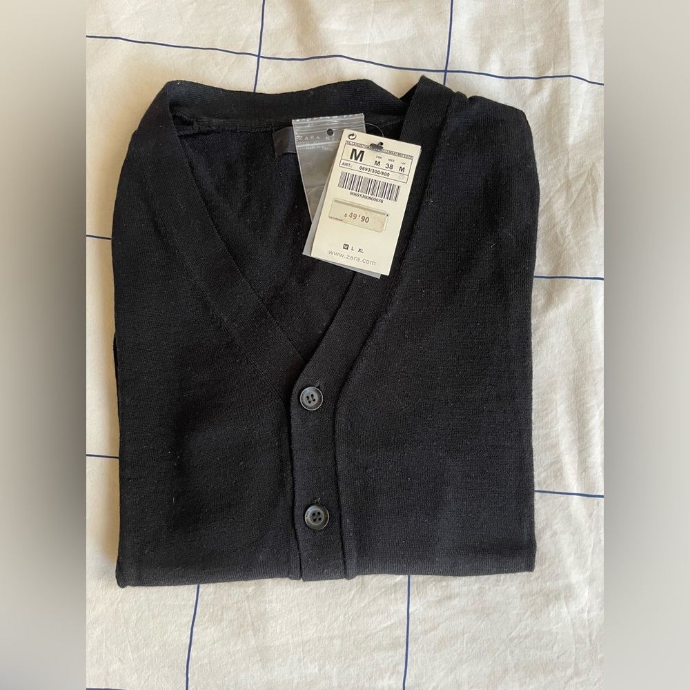 Zara Men's Classic Black Cardigan Merino Wool
